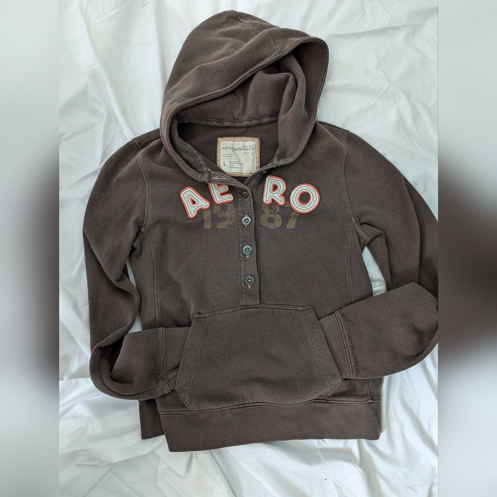 Aeropostale Hoodie L "Aero 1987" Vintage half button Cotton blend velvety Y2K